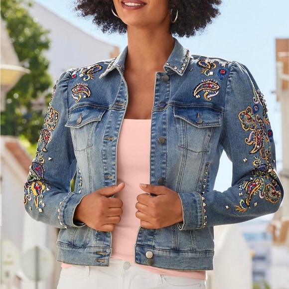Boston Proper Paisley Embroidered & Embellished Puff Sleeve Denim Jacket - Picture 2 of 12